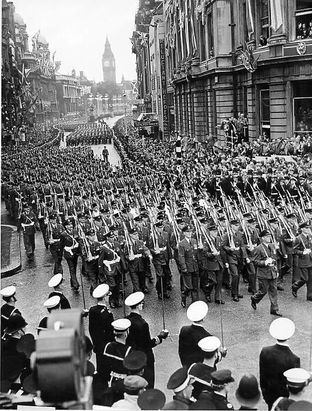 The armed service march along Whitehall after the Coronation of Queen Elizabeth II at