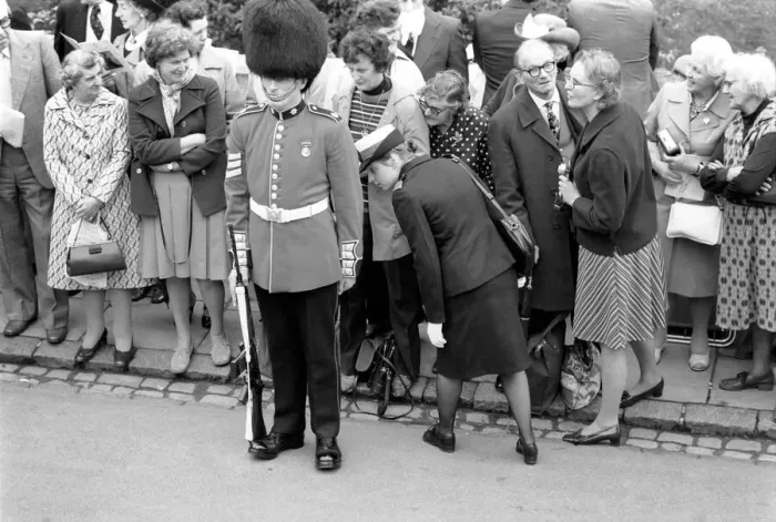 Framed Print : Armed soldier of the Coldstream guards on duty as the crowd watches behind during