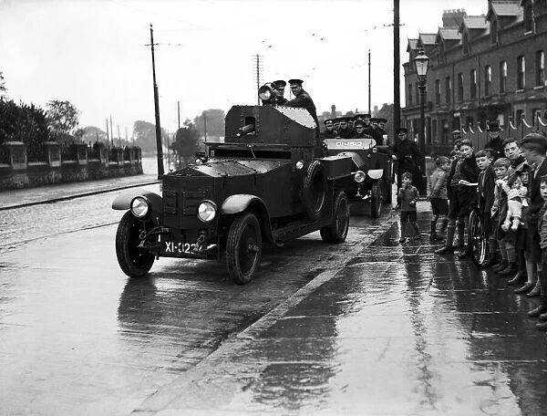 An armoured Rolls-Royce vehicle during riots in Ireland. Circa 1925