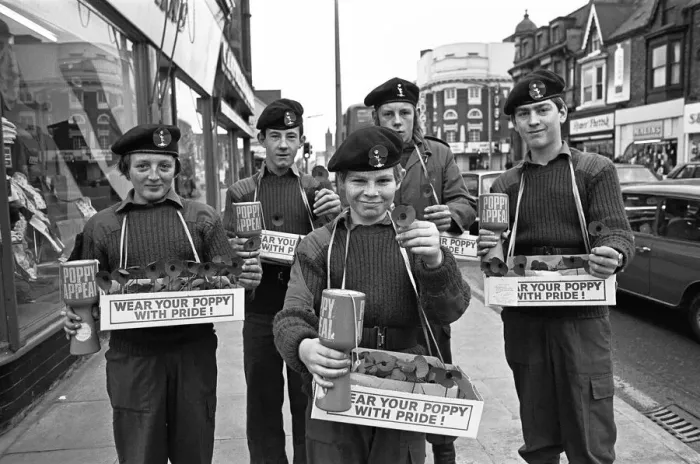 Framed Print : Army cadet poppy sellers on Linthorpe Road Middlesbrough November 1975 Framed Print : Army cadet poppy sellers on Linthorpe Road Middlesbrough November 1975