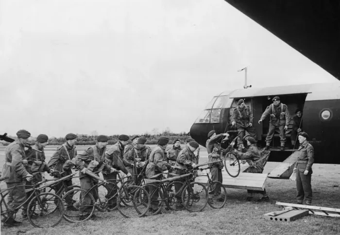 Framed Print : Army cyclist board a Airspeed Horsa gliders in preparation for moving off to their take Framed Print : Army cyclist board a Airspeed Horsa gliders in preparation for moving off to their take