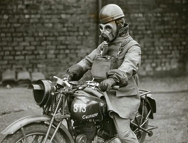 Army Despatch Rider August 1941 Riding motorbike wearing gas mask