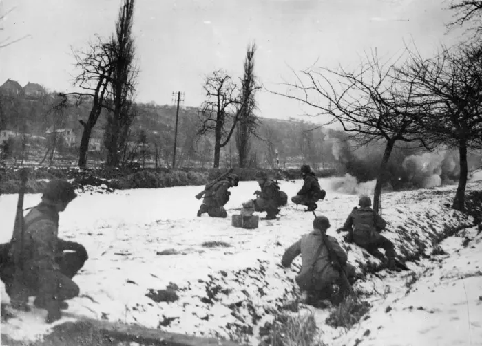Framed Print : US Army engineers crouch in the foreground as a TNT charge breaks up the ice in Framed Print : US Army engineers crouch in the foreground as a TNT charge breaks up the ice in