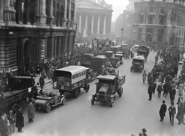 Framed Print : The army escort a food convoy past commuters making their way to work near The Bank in Framed Print : The army escort a food convoy past commuters making their way to work near The Bank in