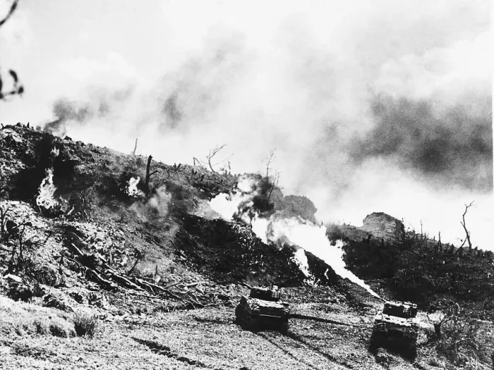 Framed Print : A US Army flame throwing tank in action against Japanese positions at Okinawa. WW2 1945 Framed Print : A US Army flame throwing tank in action against Japanese positions at Okinawa. WW2 1945