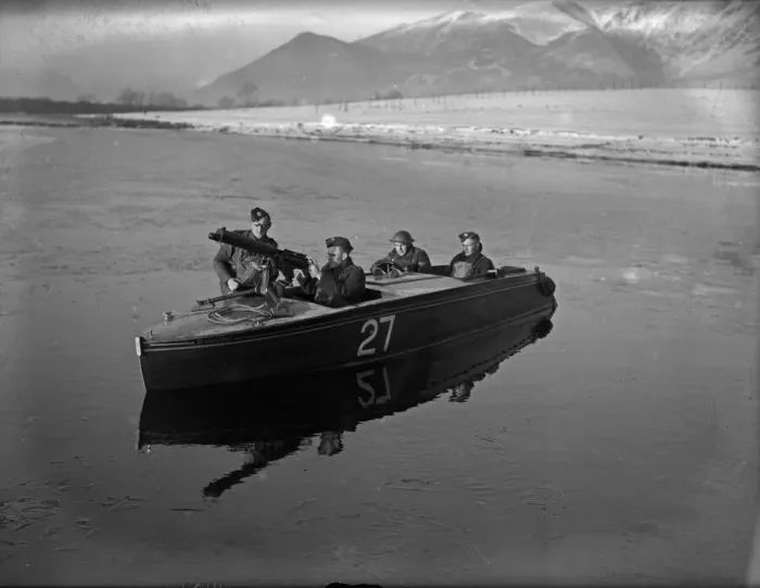 Framed Print : Army Guns. Training exercise. Picture shows a gun mounted on a boat, (numbered 27) Framed Print : Army Guns. Training exercise. Picture shows a gun mounted on a boat, (numbered 27)