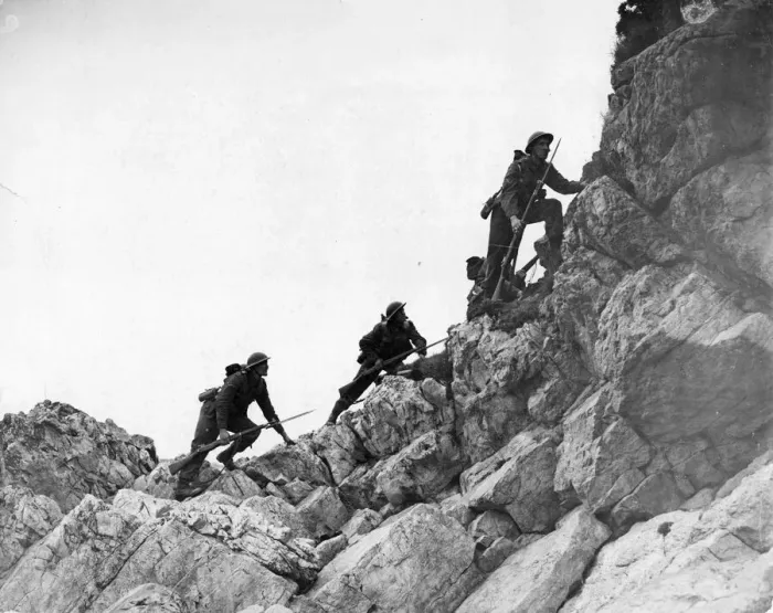 Framed Print : Army mountain and hill climbing training. Someone England. World War Two
