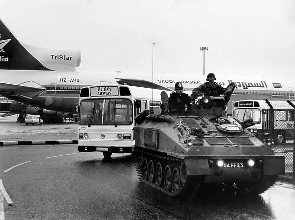 The Army and Police giving security to an Air India Jumbo at Heathrow. June 1985 P004794
