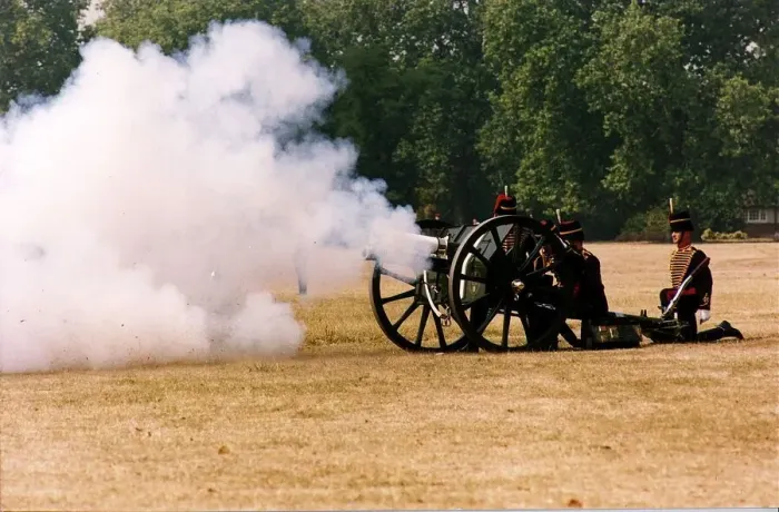 Framed Print : Army Regiments Royal Artilliary gun salute in Hyde Park for the Queen Mothers ninetieth
