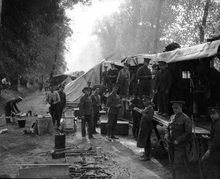 Framed Print : Army Service Corp in France with travelling workshop during World War One Framed Print : Army Service Corp in France with travelling workshop during World War One