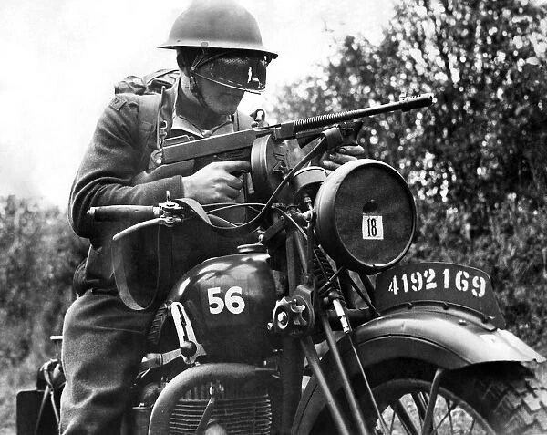 Army Training. Army motorcycle rider trains for invasion. November 1940 P014894