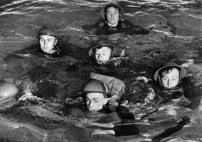Framed Print : Army Traning: Swimming in full back. March 1941 P014906 Framed Print : Army Traning: Swimming in full back. March 1941 P014906