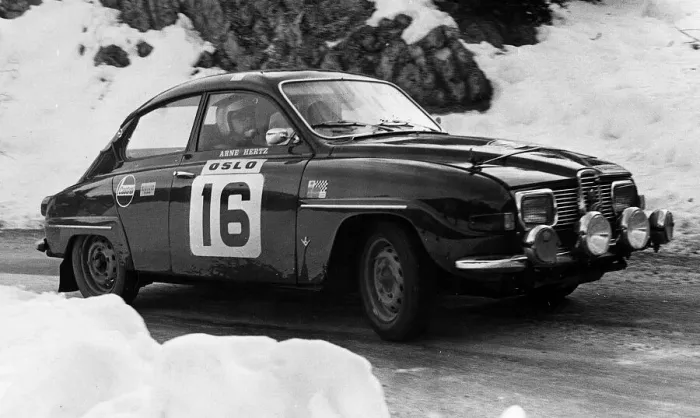 Framed Print : Arne Hertz and Lindberg driving Saab V4 Monte Carlo Rally in the St Auban Stage1970