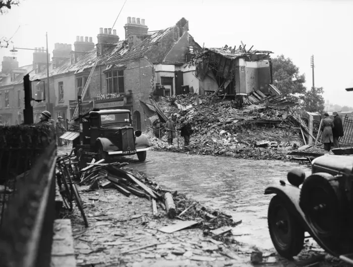 Framed Print : ARP rescue members seen here searching a shop in Bridlington damage by blast in a Framed Print : ARP rescue members seen here searching a shop in Bridlington damage by blast in a