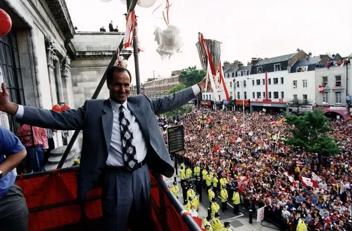 Framed Print : Arsenal Manager George Graham holds the European Cup Winners Cup trophy At Islington Town