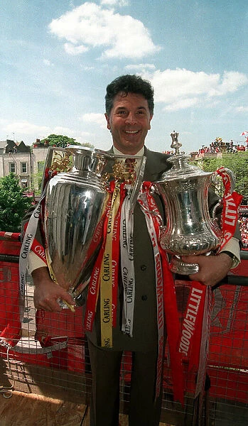 Arsenal vice chairman David Dein with the FA Cup and League Trophy, May 1998