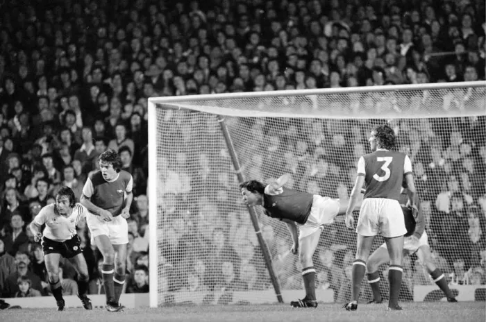 Framed Print : Arsenals defence led by David O Leary second left repels another attack Framed Print : Arsenals defence led by David O Leary second left repels another attack