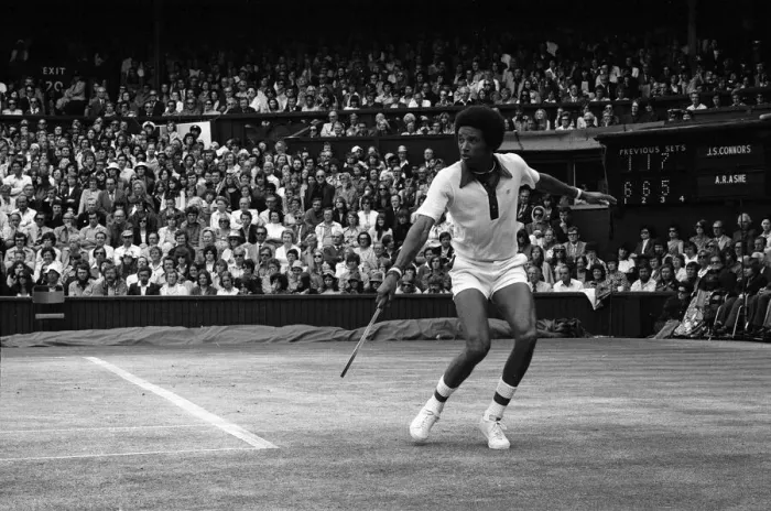 Framed Print : Arthur Ashe playing against Jimmy Connors in the Wimbledon Gentlemens Singles final