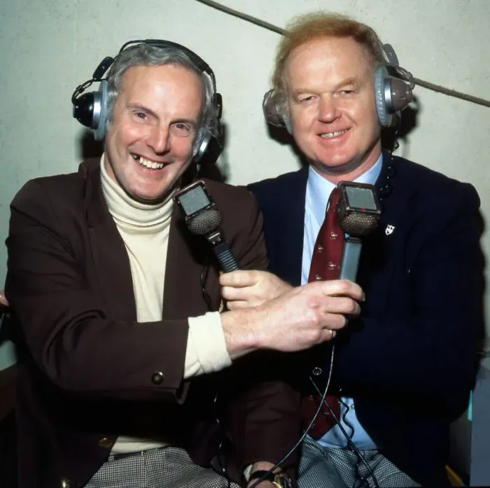 Framed Print : Arthur Montford with Archie MacPherson football commentators December 1988 Framed Print : Arthur Montford with Archie MacPherson football commentators December 1988