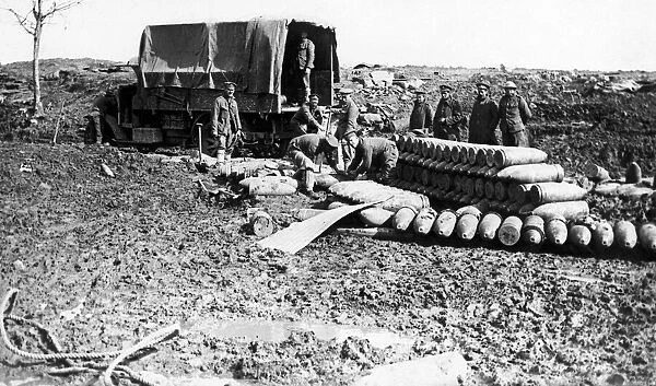 Artillery shells being unloaded during the Somme Campaign Circa October 1916