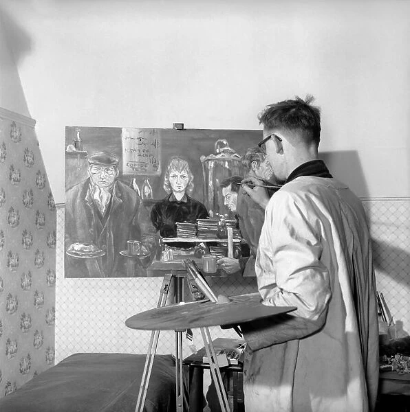 Artist P. J. Clare at work in his studio. 1957