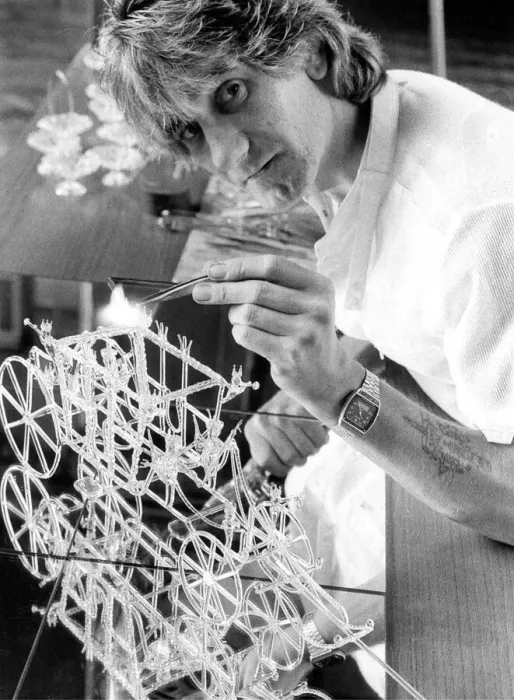 Framed Print : Artistic glass blower Raymond Storey at work on a royal Coronation coach in July 1985 Framed Print : Artistic glass blower Raymond Storey at work on a royal Coronation coach in July 1985