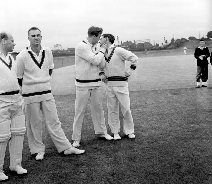 Framed Print : The Ashes 1956. Australian cricketers Richie Benaud and Neil Harvey at the nets at Old Framed Print : The Ashes 1956. Australian cricketers Richie Benaud and Neil Harvey at the nets at Old