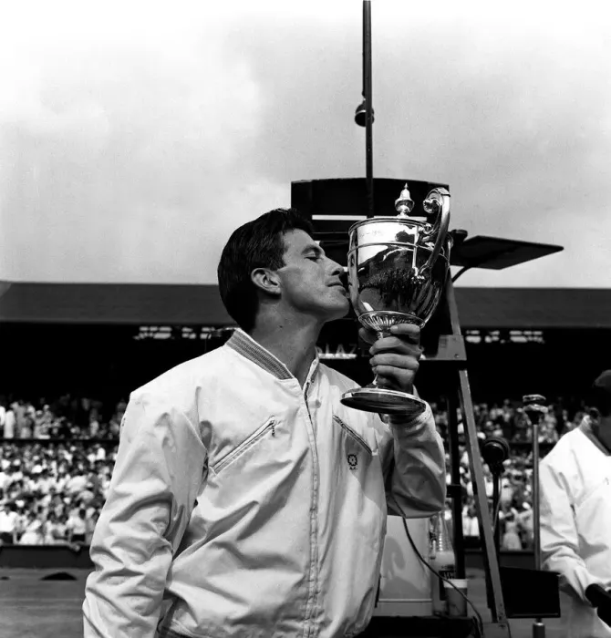 Framed Print : Ashley Cooper wins the mens singles final at Wimbledon in 1958 seen here kisses