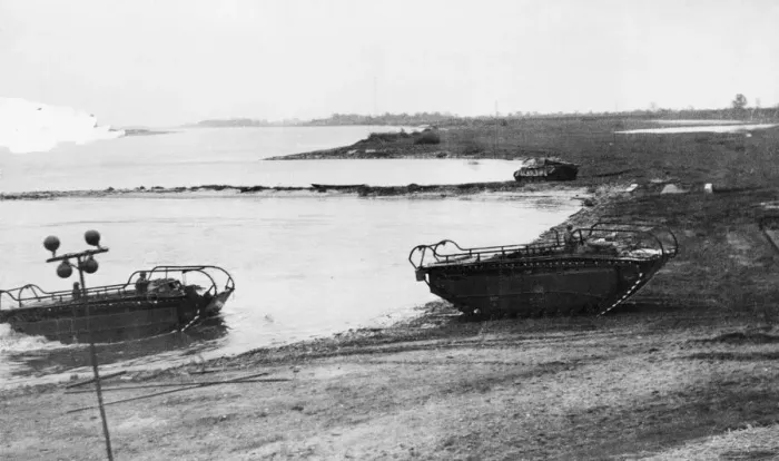 Framed Print : Assault across the Elbe. Buffaloes carrying troops and equipment Framed Print : Assault across the Elbe. Buffaloes carrying troops and equipment