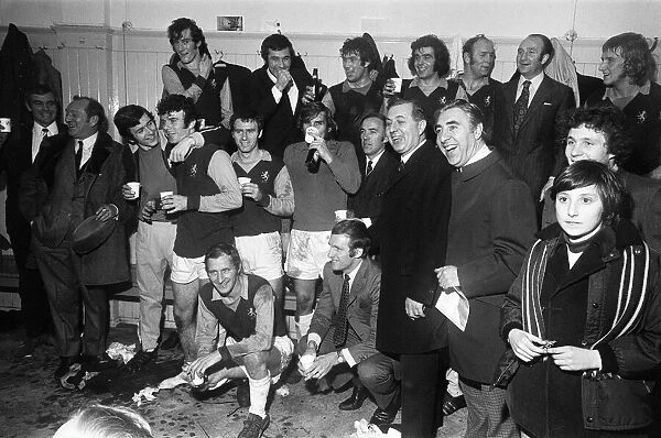 Aston Villa celebrating in the dressing room at Villa Park after their two one victory
