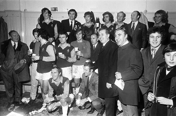 Aston Villa celebrating in the dressing room at Villa Park after their two one victory
