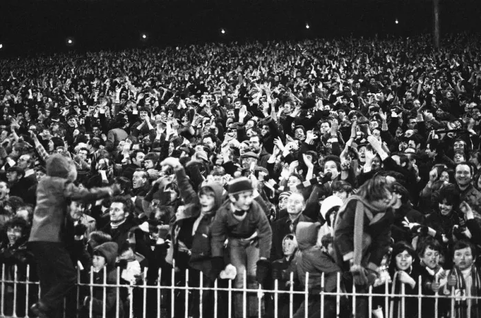 Framed Print : Aston Villa fans celebrate after their teams two one victory over Manchester United in Framed Print : Aston Villa fans celebrate after their teams two one victory over Manchester United in