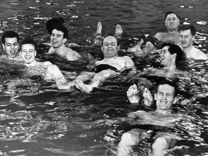 Framed Print : Aston Villa Football Team pay a visit to St Andrews Brine Baths in Droitwich Framed Print : Aston Villa Football Team pay a visit to St Andrews Brine Baths in Droitwich