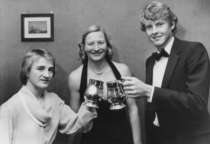 Framed Print : Athlete Steve Cram Olympic gold medalist Mary Peters (centre Framed Print : Athlete Steve Cram Olympic gold medalist Mary Peters (centre