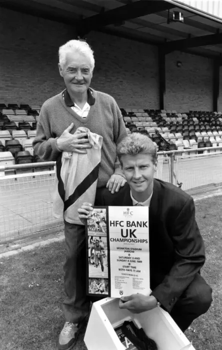 Framed Print : Athlete Steve Cram Steve CRam and Jimmy Hedley with the time capsule that