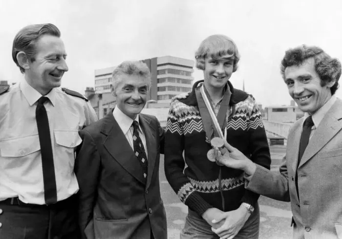 Framed Print : Athlete Steve Cram Steve Cram wear Jim Alders medals watched by