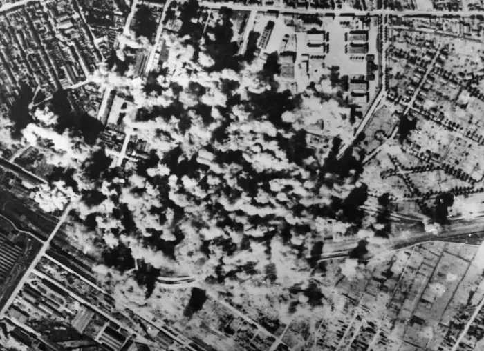 Framed Print : Attack on the marshalling yards at Reims, German occupied France by heavy bombers of Framed Print : Attack on the marshalling yards at Reims, German occupied France by heavy bombers of