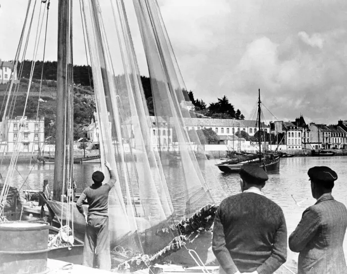 Framed Print : Audierne Brittany France 1938 Delicate blue fishing nets are hanging to dry Framed Print : Audierne Brittany France 1938 Delicate blue fishing nets are hanging to dry