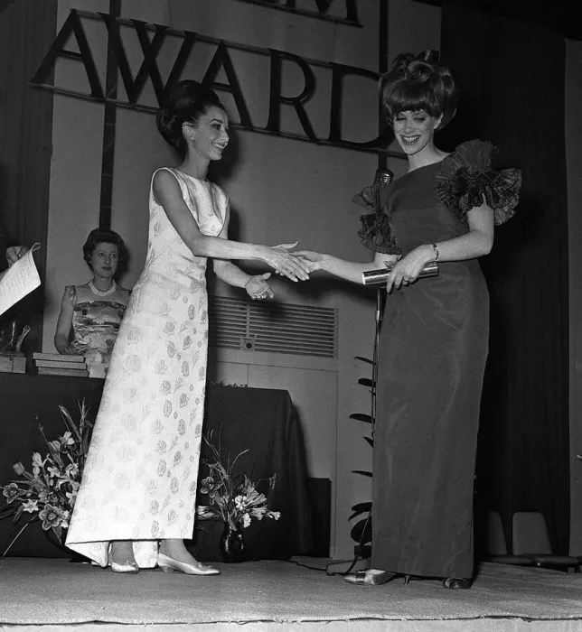 Framed Print : Audrey Hepburn April 1964 presents actress Wendy Craig at award ceremony Framed Print : Audrey Hepburn April 1964 presents actress Wendy Craig at award ceremony