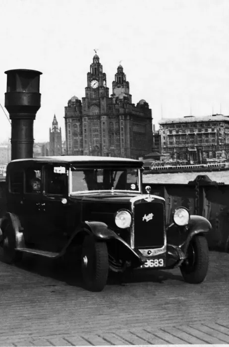 Framed Print : An Austin motor car crossing the River Mersey on a luggage boat in Liverpool