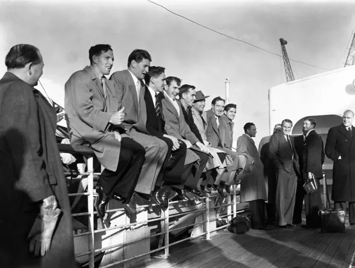 Framed Print : The Australian cricket team arrive in England for the Ashes tour. 13th April 1953