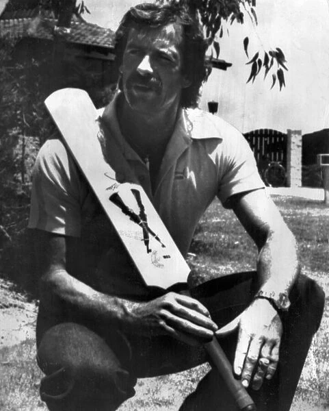 Australian cricketer Dennis Lillee with his aluminium bat which was banned after he used