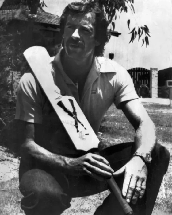 Framed Print : Australian cricketer Dennis Lillee with his aluminium bat which was banned after he used Framed Print : Australian cricketer Dennis Lillee with his aluminium bat which was banned after he used