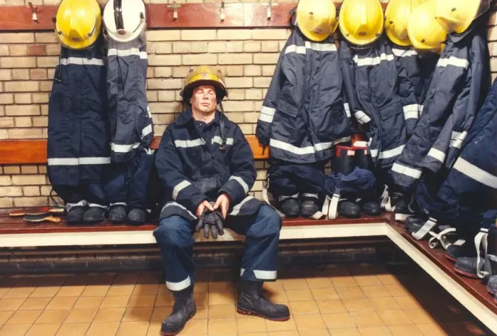 Framed Print : Australian exchange firefighter Craig Theisinger is absolutely exhausted after finishing
