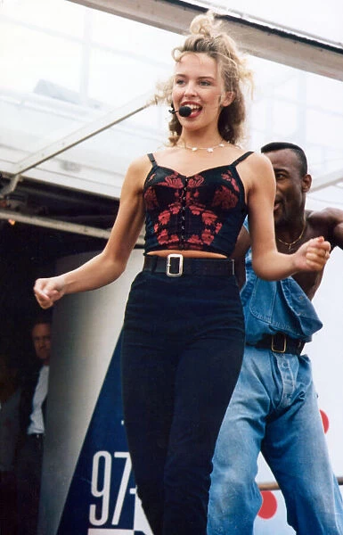 Australian pop singer Kylie Minogue performing on stage at the BBC Radio One Roadshow