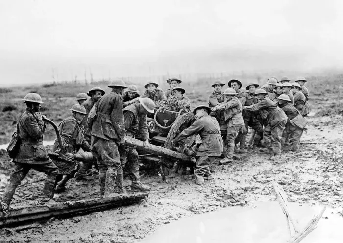 Framed Print : Australian troops haul a gun through a muddy French field during the winter of 1917 Framed Print : Australian troops haul a gun through a muddy French field during the winter of 1917