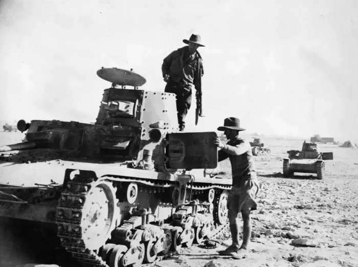 Framed Print : Two Australians inspect Italian tanks abandoned in the Western Desert. December 1940 Framed Print : Two Australians inspect Italian tanks abandoned in the Western Desert. December 1940