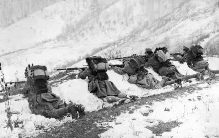 Framed Print : Austrian troops seen here defending a mountain top during the winter campaign Framed Print : Austrian troops seen here defending a mountain top during the winter campaign