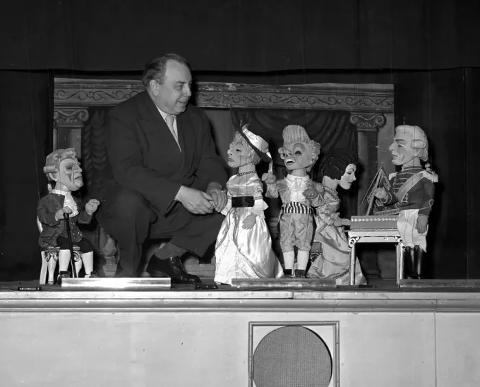 Framed Print : Author and broadcaster JB Priestley seen here at Londons Puppet theatre Framed Print : Author and broadcaster JB Priestley seen here at Londons Puppet theatre