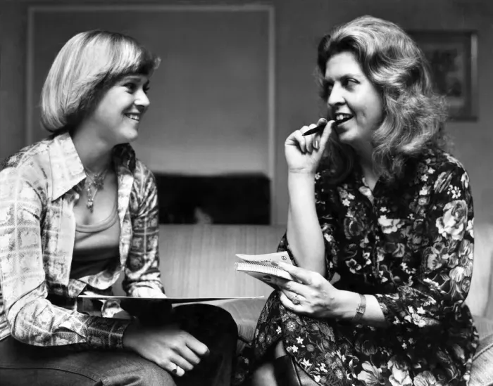 Framed Print : Authoress Andrea Newman Interviewing Tennis Star Sue Barker Hotel in London Framed Print : Authoress Andrea Newman Interviewing Tennis Star Sue Barker Hotel in London